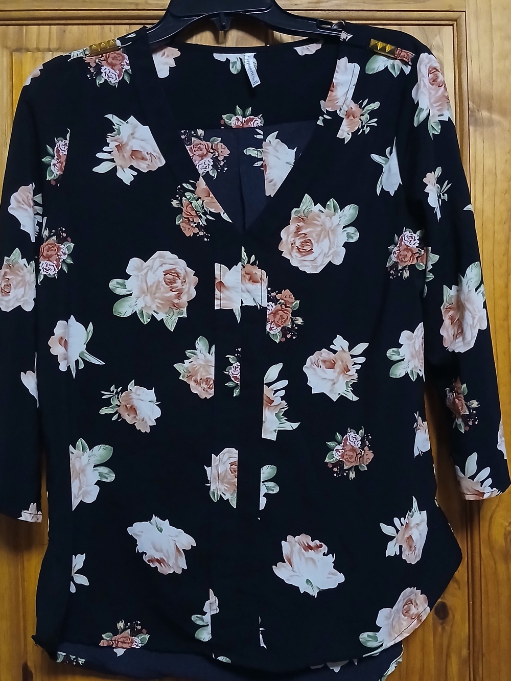 Passports Black Floral Blouse with Pink and Green Accents